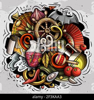 Spanien handgezeichnete Cartoon Doodle Illustration. Lustige spanische Elemente und Objekte Design. Kreative Kunst Vektor Hintergrund Stock Vektor