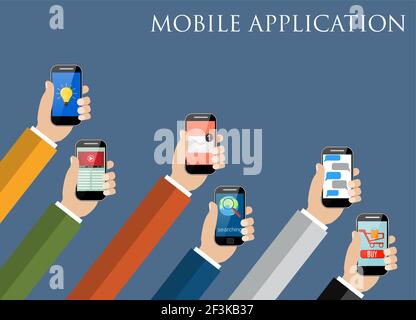 Mobiles Anwendungskonzept. Hände halten Telefone. Stock Vektor