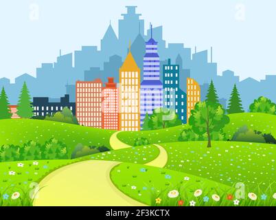 Grüne Stadtlandschaft mit Straße Stock Vektor