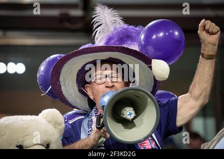 Anderlecht-Fan reagiert während der UEFA Champions League, Gruppe B Fußballspiel zwischen RSC Anderlecht und Paris Saint-Germain am 18. Oktober 2017 im Constant Vanden Stock Stadium in Brüssel, Belgien - Foto Geoffroy Van der Hasselt / DPPI Stockfoto