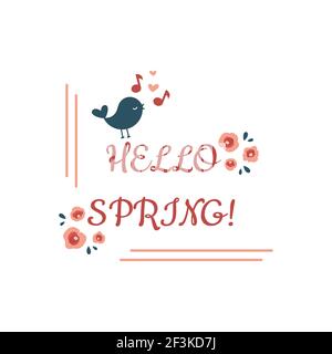 Hello Frühling Schriftzug floral Vintage Rahmen. Blumen und Blätter Shabby chic Vektor-Design, Cookie Schriftart. Stock Vektor