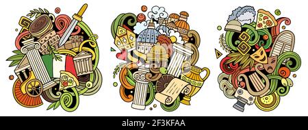 Italien Cartoon Vektor Doodle Designs Set. Farbenfrohe, detailreiche Kompositionen mit vielen italienischen Objekten und Symbolen. Isoliert auf weißen Abbildungen Stock Vektor