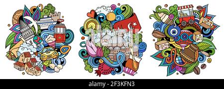 Istanbul Cartoon Vektor Doodle Designs Set. Farbenfrohe, detailreiche Kompositionen mit vielen türkischen Objekten und Symbolen. Isoliert auf weißen Abbildungen Stock Vektor