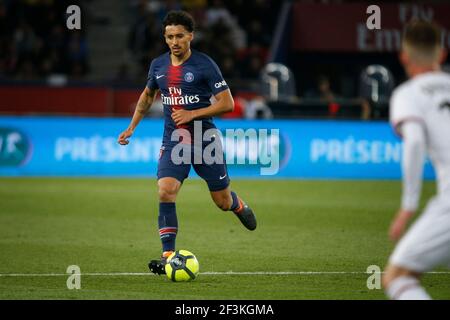 PSG's Marquinhos läuft mit dem Ball während der französischen Meisterschaft L1 Fußballspiel zwischen Paris Saint Germain und Stade Rennais am 12. Mai 2018 im Parc des Princes Stadion in Paris, Frankreich - Foto Geoffroy Van der Hasselt / DPPI Stockfoto