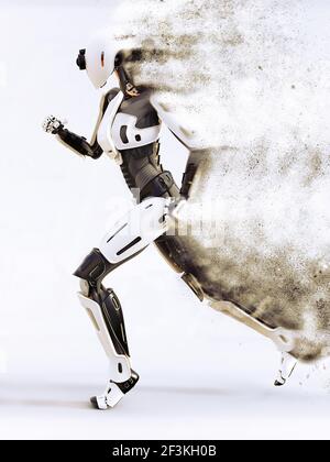 3D Rendern eines weiblichen android-Roboters, der sich im Rauch oder Sand auflöst oder beim Laufen verdampft. Futuristisches ai-Konzept. Stockfoto