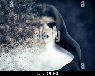 3D Wiedergabe einer Geisternonne oder eines Dämons, die sich in Rauch auflöst oder mit einem dunklen mysteriösen Hintergrund verdampft. Stockfoto