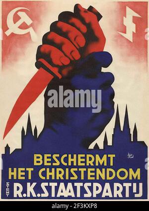 Vintage Dutch Propaganda Poster. Römisch-Katholische Staatspartei Der Niederlande Verteidigt Christliche Werte. Königreich der Niederlande, 1938 Stockfoto