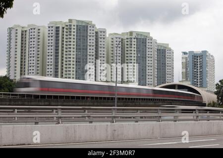 Eine U-Bahn fährt am Stadtrand von Singapur vorbei. Stockfoto