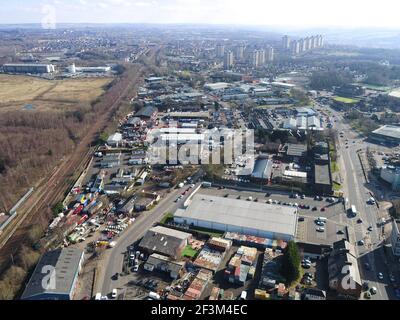 Luftdrohnenaufnahme des Stadtzentrums von Motherwell Lanarkshire Stockfoto