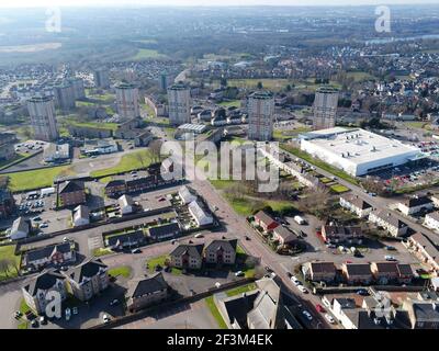 Luftdrohnenaufnahme des Stadtzentrums von Motherwell Lanarkshire Stockfoto