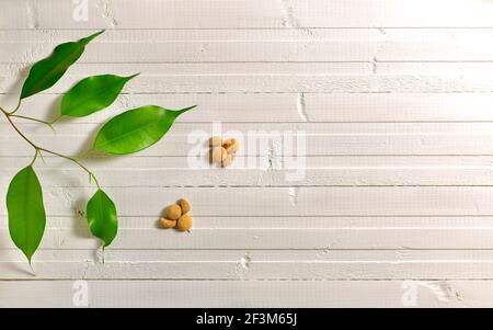 Die fliegenden Vögel von den Plätzchen auf dem hellen hölzernen bemalten Hintergrund der Planken und des Astes mit den grünen Blättern. Stockfoto