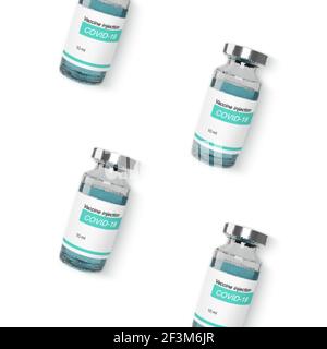 Glasflasche mit Impfstoff von covid-19. Web-Banner-Vorlage für Impfungen und Behandlungen. Realistische Vektordarstellung Stock Vektor