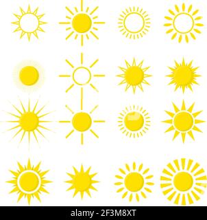 Satz von Sonnensymbolen isoliert auf weißem Hintergrund. Stock Vektor