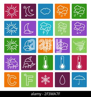 Wettersymbole auf farbigem Hintergrund. Stock Vektor