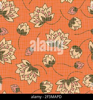 Nahtloses Vektor-Muster mit Lotusblumen auf orangefarbenem Hintergrund. Einfaches florales Strukturtapete-Design mit Lilie. Romantische Mode Textil. Stock Vektor
