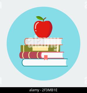 Roter Apfel auf einem Bücherhaufen Stock Vektor