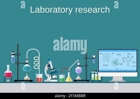 Laborarbeiter Tisch Computer chemischen Forschungsprozess. Stock Vektor