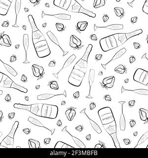 Champagner und Erdbeere feiern Text Vektor nahtlose Muster Hintergrund. Schrift Schriftzug, zischende Gläser, Flaschen Erdbeeren schwarz weiß Stock Vektor
