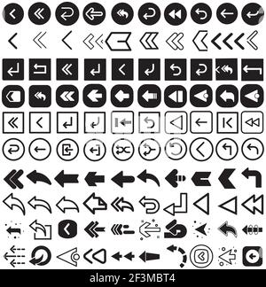 Vektordarstellung der schwarzen Pfeilsymbole eingestellt. Zurück Button Icons Pack.Zurück Button Icon Sammlung für Apps und Websites Stock Vektor