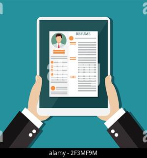 Business Mann halten Tablet mit Lebenslauf Stock Vektor