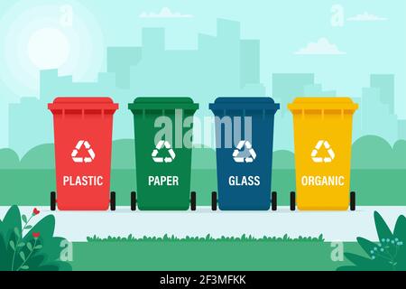 Mülltonnen für Bio-, Papier-, Kunststoff-, Glasabfälle. Recycling, Abfallsortierung, Ökologie, Konzept. Vektorgrafik im flachen Stil Stock Vektor