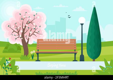 Frühlingslandschaft mit Bank im Park und einem blühenden Baum. Vektorgrafik im flachen Stil Stock Vektor
