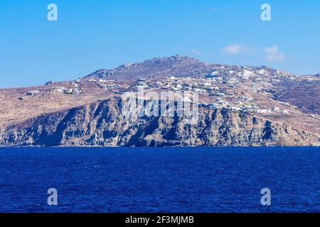 Insel Mykonos Antenne Panoramablick. Mykonos ist eine Insel der Kykladen in Griechenland. Stockfoto