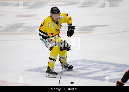 08. März 2021, Hessen, Frankfurt/Main: Kenney Morrison (Tölzer Loewen, 27). DEL 2 Eishockey-Spiel zwischen dem Loewen Frankfurt und dem Tölzer Loewen am 8. März 2021 in der Eissporthalle Frankfurt am Main. Foto: Jürgen Kessler/Kessler-Sportfotografie/dpa Stockfoto