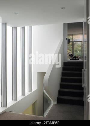 Treppe im weißen Flur des australischen Hauses Stockfoto