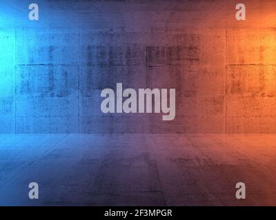 Abstrakter Beton-Innenhintergrund, leerer Raum mit sanfter Beleuchtung von orangen und blauen Seitenlichtern, 3D Rendering Illustration Stockfoto