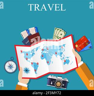 Cartoon Hände halten gefaltete Papierkarte der Welt Stock Vektor