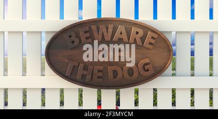Vorsicht vor der Hundeinschrift. Warnung des Schutzhundes. Hölzerne runde Schild und Text auf Haus weißen Zaun Hintergrund, 3D Abbildung Stockfoto
