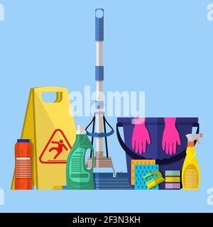 Reinigungsset. MOPP, Schwamm, blauer Kunststoffeimer Stock Vektor