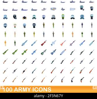 100 Armee-Icons gesetzt. Cartoon-Illustration von 100 Armee-Symbole Vektor-Set isoliert auf weißem Hintergrund Stock Vektor