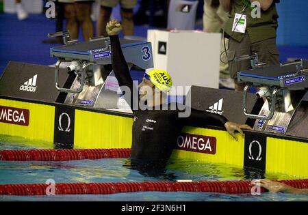 Der australische Schwimmer Ian Thorpe trägt einen schwarzen Jumpsuit während der Schwimmweltmeisterschaft in Barcelona 2003. Stockfoto