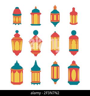 Flach einer Laterne Set Vektor-Illustration. Ramadan Kareem Flat Style Hintergrund Stock Vektor