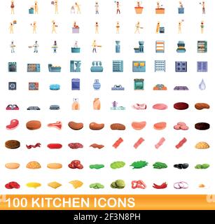 100 Küchensymbole. Cartoon Illustration von 100 Küche Icons Vektor-Set isoliert auf weißem Hintergrund Stock Vektor
