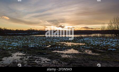 Luftaufnahme eines schönen und dramatischen Sonnenuntergangs über einem Waldsee, der sich im Wasser spiegelt, Landschafts-Drohne aufgenommen. Blakheide, Beerse, Belgien. Hochwertige Fotos Stockfoto