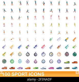 100 sport Icons einstellen. Cartoon Illustration von 100 Sport icons Vektor auf weißem Hintergrund einstellen Stock Vektor