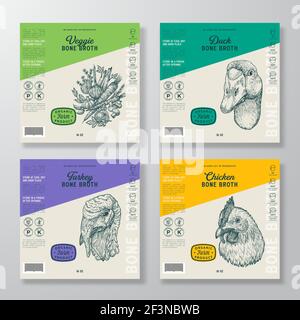 Sammlung Von Vorlagen Für Knochenbrühe. Abstract Vektor Lebensmittel Verpackung Design Layouts Set. Moderne Typografie mit handgezogenem Gemüse, Ente, Pute Stock Vektor