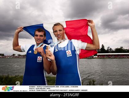 RUDERWELTMEISTERSCHAFTEN ETON GROSSBRITANNIEN 26 AUG 2006 FINALE TAG ADRIEN HARDY, JEAN BAPTISTE MACQUET, WELTMEISTER IM MEN'S S DOPPELSCHÄDEL FOTO IGOR MEIJER Stockfoto