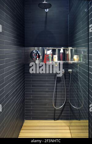 Hauptschlafzimmer mit Bad und Dusche, unteres Erdgeschoss - Stan Bolt Architect (www.stanboltarchitect.com) Stockfoto