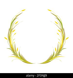 Runder Kranz oder Krone mit Ähren aus Weizen, Gerste oder Roggen und Grashalm. Vektor Natur Illustration isoliert auf weiß. Gold und Grün Farben. Stock Vektor
