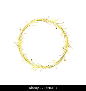 Runder Kranz oder Krone mit goldenen und braunen Ähren aus Weizen, Gerste oder Roggen, Grashalmen und Blumen. Vektor Natur Illustration isoliert auf weiß. Gol Stock Vektor