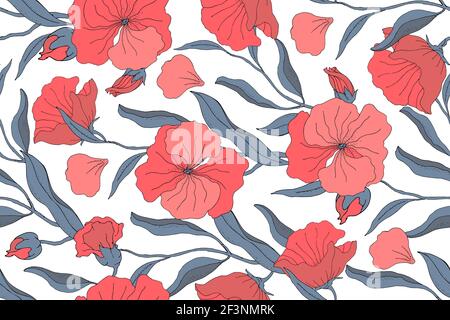 Kunst floral Vektor nahtloses Muster. Rote Blüten, Knospen mit blauen Ästen, Blättern und Blütenblättern Stock Vektor