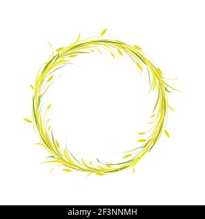 Runder Kranz oder Krone mit goldenen und braunen Ähren aus Weizen, Gerste oder Roggen und Grashalmen. Vektor Natur Illustration isoliert auf schwarz. Gold und yel Stock Vektor