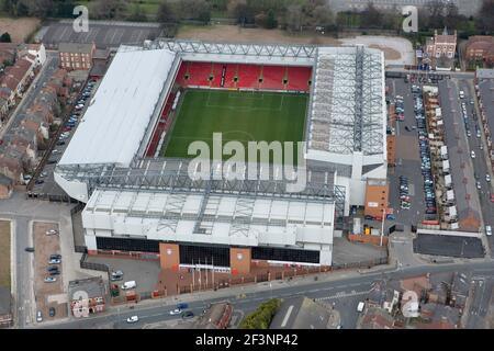 Anfield Road, Liverpool. Luftaufnahme. Haus von Liverpool Football Club. Fotografiert im März 2008. Stockfoto