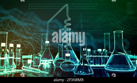 Labor-Reagenzgläser und andere verschiedene Glaswaren mit digitalen Effekten - kosmetisches Konzept oder Biologie Hintergrund, 3D Abbildung von Objekten Stockfoto