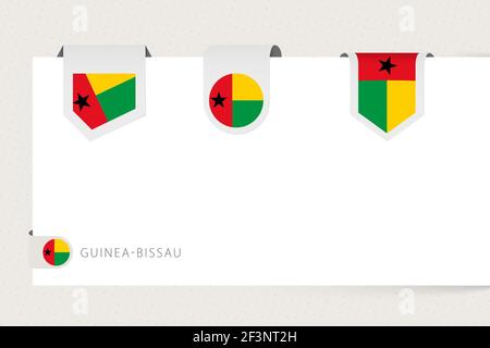 Label Flag Kollektion von Guinea-Bissau in verschiedenen Formen. Bandflaggenschablone von Guinea-Bissau, hängend von Papier oder anderer Oberfläche. Stock Vektor