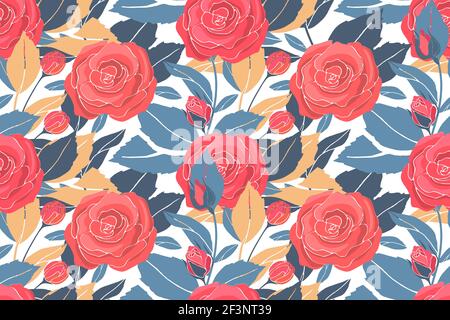 Art floral Vektor nahtlose Muster mit roten Rosen, gelben und blauen Blättern. Stock Vektor